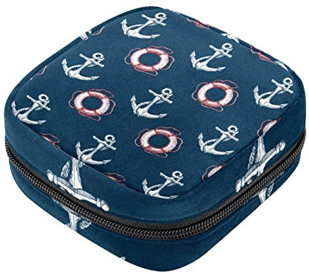 Sanitary Napkin Storage Bag, Feminine Product Pouches Portable Period Kit Bag for Girls Women Ladies White Ship Anchor Lifebuoy Navy