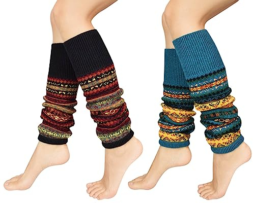 Tuopuda Damen Beinwärmer Gestrickte Beinlinge Winter Herbst, Ballett Stulpen Überknie Strick Socken, Elastische Beinhandschuhe Geschenk für Frauen Mädchen, Schwarz 1 Paar + Blau 1 Paar,