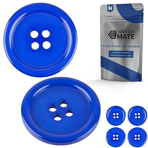 Knöpfe für Bekleidung, 6 Stück, 4-Loch, Ø 40,6 mm, in Blau, aus Polyester, Größe 64L, Harzknöpfe für Jacke, Mantel, Hemd, Poloshirt, DIY Knopf Kunstharz, Wäscheknöpfe, Basis Button, Bastelknöpfe