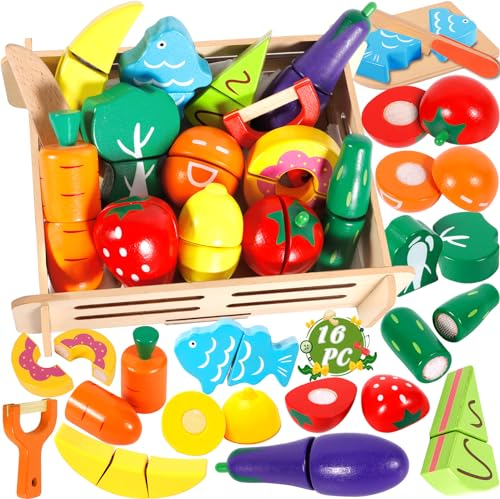 MULEVIP Kinderküche Zubehör Holz, Küchenspielzeug mit Obst, Gemüse, Messer und Schneidebrett, Rollenspiel für Kinder ab 3 Jahren