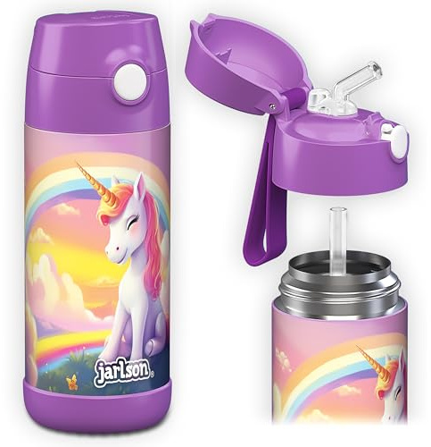 Jarlson® Trinkflasche Kinder Edelstahl Charli [MIT STROHHALM] - Thermosflasche Auslaufsicher - Thermoskanne - Water Bottle Kids - Thermo Trink Flasche für Schule & Kindergarten (350ml, Einhorn 2.0)