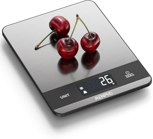 RENPHO Kitchen Scales with 7 Units, High-Precision Digital Food Scales, Stainless Steel Weighing Scales Kitchen Use for Meal Preparation, Baking, LCD Display, Battery Included