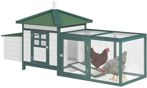 PawHut Gallinero de Madera Exterior, Jaula para Gallinas con Nidos, Corral, Techo Asfáltico Impermeable, Bandeja Extraíble, Tapa Abatible, 196x76x97 cm, Verde