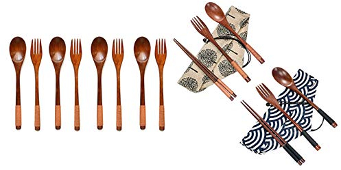 Oikabio 8-teiliges japanisches -/-Set und 2er-Set, Holzbesteck und Besteck-Set, Holzgabel, , Essstäbchen, 22,9 cm