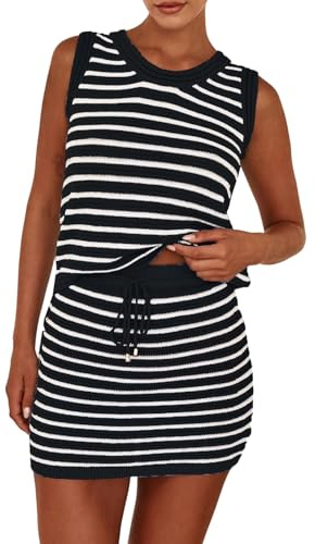 Owegvia Strickset, zweiteilig, Damen, Sommer, gestreift, ärmellos, Strick-Tank-Top, Mini-Röcke, passender Rock, Urlaub, Strand-Set