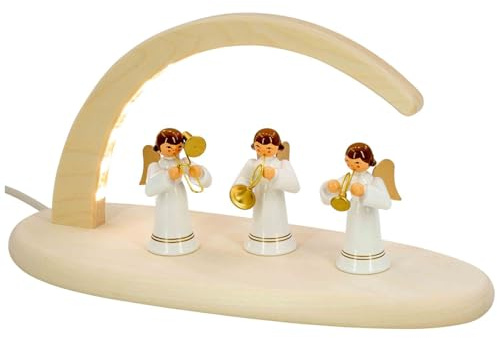 Seiffener Volkskunst | LED Weihnachtsdeko Lichterbogen | Natur Weihnachtsbogen Schwibbogen aus dem Erzgebirge | Traditionelle Weihnachtsbeleuchtung | 24x13 cm | Engel weiß mit Instrumenten