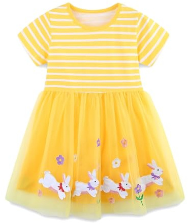 Tüllkleid Mädchen Ostern Kleid Sommer Kurzarm Mesh Tunika Kleider Cute Osterhase Druck Prinzessin Kleid Bequeme lässige Sommerkleider für 3-9 Jahre