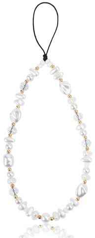 Mikovivi Dragonne de Téléphone en Perles en Forme de Perle, Bracelet de Téléphone en Perles Dorées et Blanches Joli Bracelet de Téléphone Porte-Clés de Téléphone Porte-Clés de Téléphone pour Femme