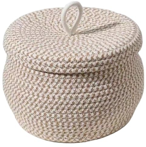 Wedhapy Boho-Runder geflochtener Korb aus Baumwollseil - Beige - Korb mit Deckel - Großes Fassungsvermögen - Mehrzweck-Aufbewahrungskorb für Spielzeug, Garn und kleine Gegenstände