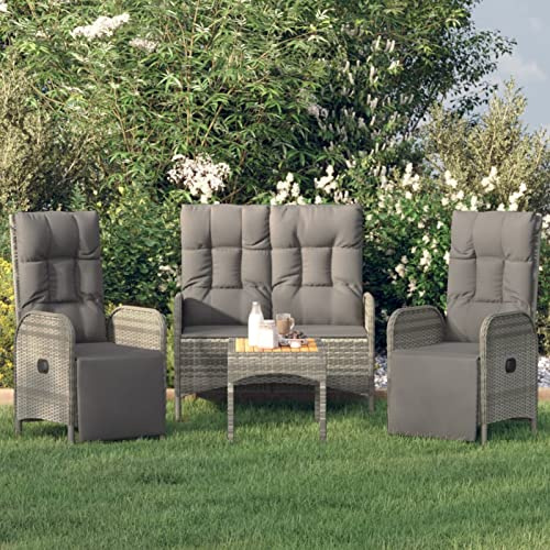 IKAYAA Gartenmöbel Set für 4 Personen mit 2er Sofa, 2 Stühle Verstellbare Rückenlehne, Terrassenmöbel Set Grau Sitzgruppe Polyrattan Gartenbank, Bank + 2X Sessel + Tisch