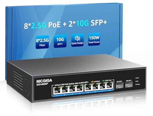 Commutateur PoE 8 ports 2,5 G non géré avec 8 ports 2,5 Go Base-T PoE+@130 W + 2 x 10 G SFP+ Uplink, NICGIGA 10 ports 2,5 Go IEEE802.3af/at Power Over Ethernet, prend en charge WiFi6 AP, NAS, 4K PoE