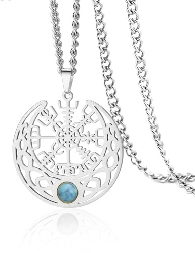 VASSAGO Nordiskt vikingahalsband i rostfritt stål kompass veganskt hänge halvmåne med turkos keltisk knut Talisman amulett, Einstellbar, Rostfritt stål, Ingen ädelsten
