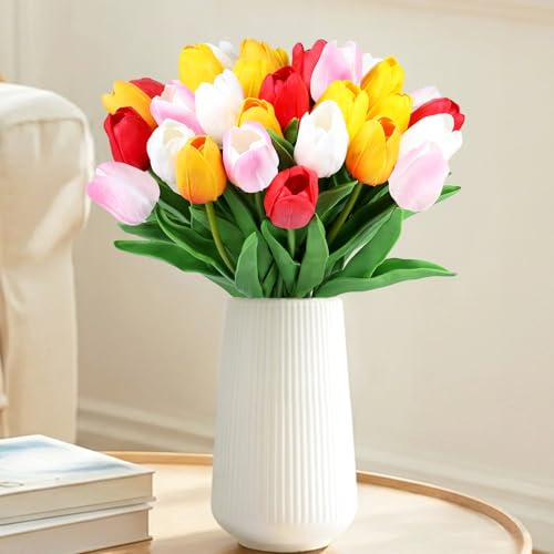 XIANNVXI 15 Stück Tulpen Künstlich wie Echt Bunt Künstliche Tulpen Real Touch Latex Bunte Kunsttulpen Blumensträuße Blumen Arrangement für Muttertag Hochzeit Brautparty Heimdekoration (5 Farben)
