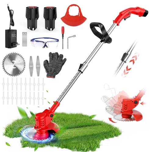 12V Decespugliatore a Batteria,Tagliabordi a Batteria, 8500/rpm 450W 3 Tipi di Lame,Maniglia Telescopica,tagliabordi per il taglio di giardini, prati e terreni agricoli (rosso)