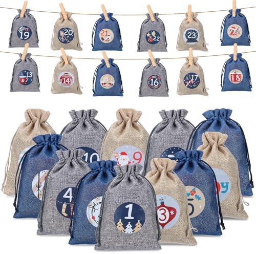 Woric Calendrier de l'Avent à remplir, 24 sachets en toile de jute avec pinces - Grand calendrier de l'Avent à remplir - Calendrier de Noël 2025 - Sachets de Noël (Bleu & Gris & Kaki)