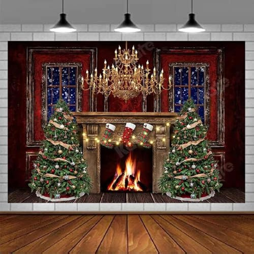 Christmas Tree Photography Backdrop Fireplace Stockings Ceiling Lamp Red Windowsill Interior Background For Christmas