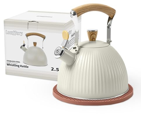 LONFFERY Tea Kettle for Stove Top, 2.5 Quart Whistling Tea Kettle, Stainless Steel and Wood Pattern Folding Handle, Creamy White
