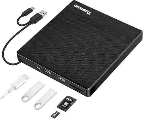 Tuznvuo External CD/DVD Drive for Laptop, USB 3.0 & USB C CD Burner/Reader, Plug & Play Compatible with Windows 11/10/Mac OS/Linux, DVD Player for Laptop, PC MacBook