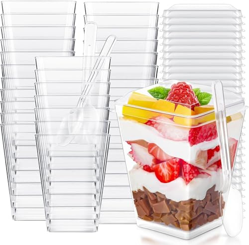 Exsink 40 stycken dessertkoppar, med lock och skedar, 160 ml klara dessertskålar, återanvändbara fyrkantiga dessertkoppar, för familjedesserter, puddingar, mousses och glassfester, dessertkoppar