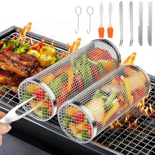 YGVQN Rullande Grillkorg 2-pack, Rostfritt Stål 304 med Fäste & Borste, Rullande BBQ Rörkorg för Grönsaker, Pommes, Fisk, Bärbara BBQ Tillbehör för Campning Ute, Present till Pappa eller Man