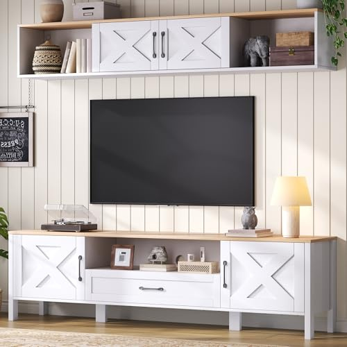 Merax TV Wohnwand-Set, Wohnzimmer Möbel Set, TV Lowboard und Hängende Vitrine, Platzsparendes Design, Wohnzimmermöbel Komplett, Elegante Schrankwand, Mediawand, TV bis 80', Weiß & Holzfarbe