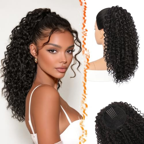 BARSDAR Ponytail Extension, Lockige Schwarz Braun Pferdeschwanz Pure Protein Fiber 45cm Bohemian Gewellt Lockige Kamm Clip in Pferdeschwanz Haarteil mit Kordelzug Natürlich Aussehend Tägliche Party