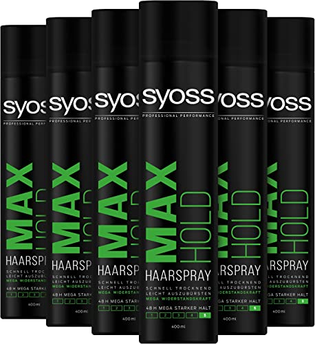 Syoss Haarspray Max Hold 6er Pack (6x 400ml) Halt 5, Haarspray mit 48h mega starkem Halt, schnell trocknendes Styling Spray für mega Widerstandskraft, leicht auszubürsten