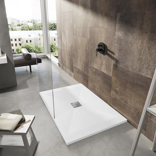 Receveur de douche blanc, fabriqué en Italie, Luxury, en Mineralmarmo, slim 3 cm, revêtement en Gelcoat de 2 mm, masse pleine et découpable, série Milano, blanc