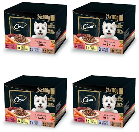 Cesar Selezione in Salsa, Cibo Umido per Cani, Gusti Assortiti con Carne e Verdure, 96 Bustine da 100 g, Totale 9.6 kg