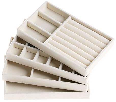 Jewellery Trays for Drawers, Set of 4 Stackable Jewellery Inserts Dividers Box Storage Organiser Compartments, Beige