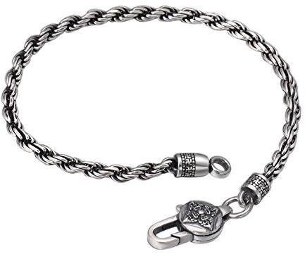Bracciale a catena corda intrecciata in argento sterling 925 vintage nero con chiusura Vajra Dorje per uomo donna 3mm 17-20 cm