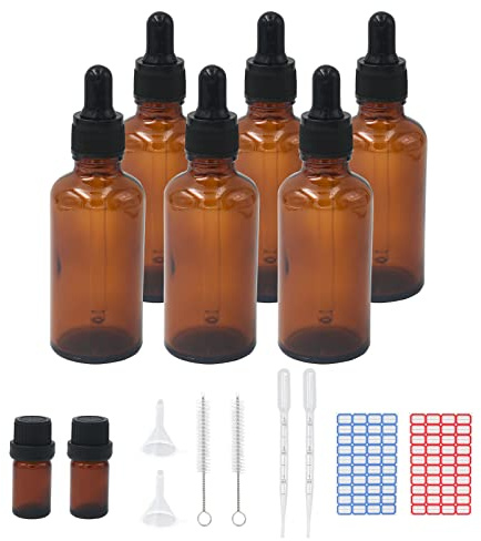 Episkey 6 Stück 50ml Pipettenflasche, Tropfflasche Braunglasflaschen Set inkl. 5ml mit schwarzer Pipettenkappe und Hilfszubehör für Ätherische Öle Parfüm Lösungen DIY-Probenmischungen (50ml)