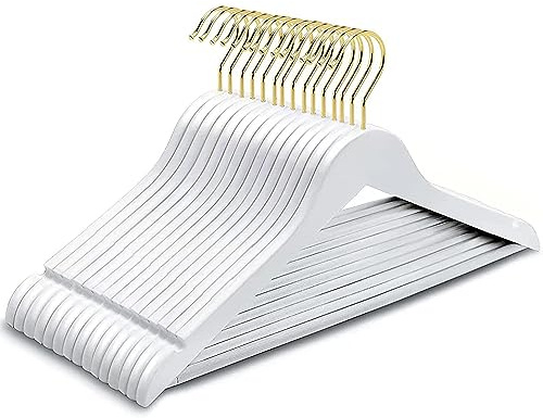 Amber Home 10 Unidades 44,5cm Perchas de Madera Blanco, Robusta y Brillante Percha para Camisetas Camisas Trajes Abrigos Vestidos Tirantes Bodas, con Varilla y Ranuras, Gold Gancho