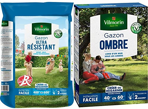 VILMORIN - Gazon Ultra-Résistant - Premières pousses dès 2 semaines - Pour terrains de sport, de jeux ou zones de passage - Pour Créer un nouveau gazon - 10 Kg & Gazon Ombre, Vert, 1 kg