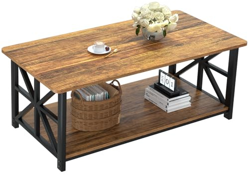 GreenForest Mesa Auxiliar con Esquina Redonda, Mesa Central de Granja con Estante de Almacenamiento de 2 Niveles, diseño de Marco en X para Sala de Estar, 99 cm, Nogal
