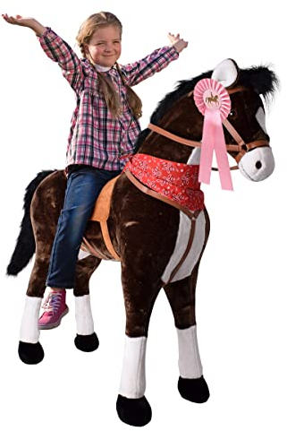 TE-Trend Pferde Spielzeug Schaukelpferd Pferd zum draufsitzen Stehpferd mit Reitpferd Zubehör Turnierschleife Spielpferd zum Reiten als Mädchen Geschenk mit 112cm Kopfhöhe Dunkelbraun