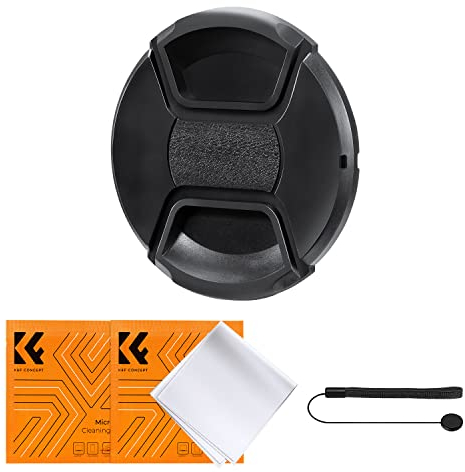 K&F Concept 43MM Lens Cap Snap-on Front Camera Lens Cover + Elastic Lens Cap Keeper + 2 Cleaning Cloth compatible with Canon Sony