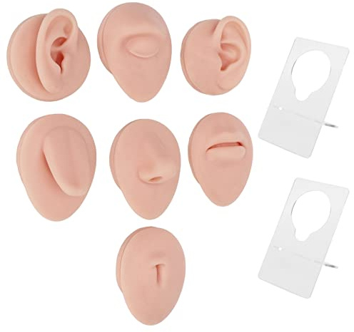 Body Piercing Practice Kit, Morbido Silicone Orecchio Bocca Naso Occhio Lingua Ombelico Modello con Espositore per Piercing Pratica, (Colore della pelle medio)