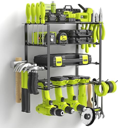 WELDUN Power Tool Organizer, 4 Drill Holder Wall Mount, Garage Tool Organizer and Storage with Screwdriver Holder, Garage Organization