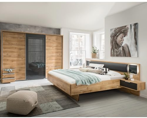 Lomadox Schlafzimmer Set 2-teilig mit Bett 160x200, LED-Beleuchtung, Schwebetürenschrank 273cm mit Passepartout in Graphit mit Eiche Modern