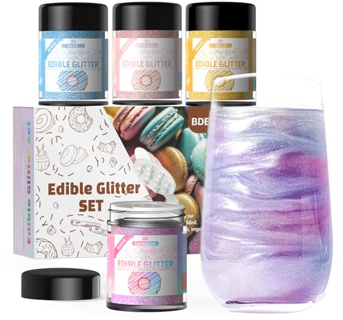 BDEES Essbarer Glitzerstaub, 4 Farben Regenbogen-Set, schillernde Lebensmittelfarbe, 100% koscher, für Getränke, Kuchendeko, Erdbeeren, Cocktails, Fondant und Cake Pops, Glanzstaub (3g pro Flasche)