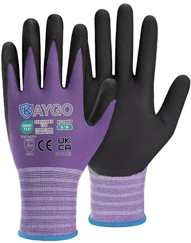 KAYGO Arbeitshandschuhe MikroSchaum Nitril Beschichtet, Abriebfest, KG18NP | Rutschfest, Leicht Ölbeständig, 3 Paar Nylon Schutzhandschuhe für Herren Damen, für Auto Lager DIY (Violett, M, Gr 8)