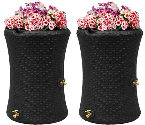 Good Ideas Impressions 50 Gallon Nantucket Outdoor Home Rain Barrel Water Storage Collector with Garden Planter and Brass Spigot, Black (2 Pack)
