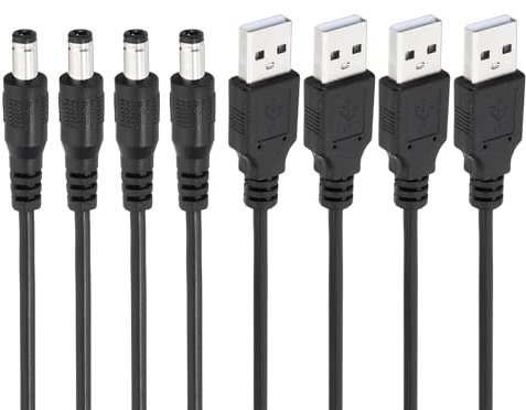 PATIKIL 3Ft USB to DC 5.5x2.5mm Barrel Jack Power Cord, 4 Pcs 24AWG Wire Adapter Connector Charging Cord for Light Fans Speaker Table Lamp, Black
