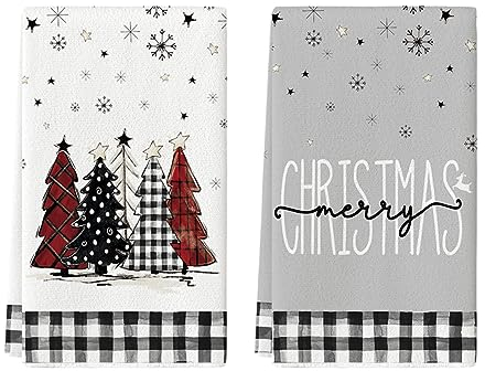 Artoid Mode Buffalo Plaid Snowflake Tree Merry Christmas Kitchen Towels Dish Towels, 42x65 cm Star Microfiber Cloth Kitchen Drying Decoration Set of 2