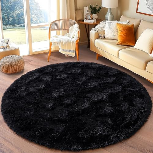 BSGIFT Flauschiger Hochflor Teppich Rund 100 cm - Teppich rutschfest für Wohnzimmer Schlafzimmer Kinderzimmer - Modern Wohnzimmerteppich Bettvorleger, Runder Shaggy Langflor Fellteppich Schwarz