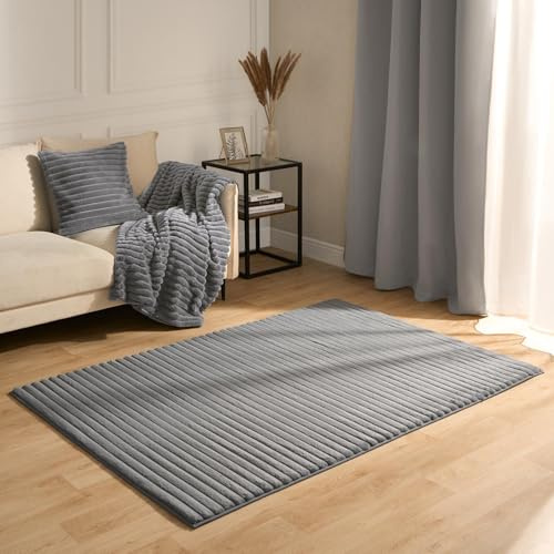 OHS Rugs Living Room Large, Faux Fur Ribbed Area Rugs for Bedroom Super Soft Comfy Non Slip Modern Thick Pile Non Shedding Rug for Home Office Lounge, Charcoal Grey - 160 x 230cm