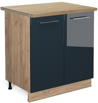 Vicco Spülenunterschrank Fame-Line, Dunkelblau Hochglanz/Goldkraft Eiche, 80 cm, AP Eiche