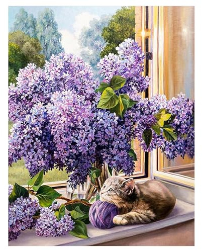 DCIDBEI Diamond Painting Lila Blumen 40x50cm Malen nach Zahlen Blumen Hyazinthe Diamant Painting Bilder Blume Katze Diamond Painting Fensterbild Frühling Flowers Painting by Numbers Flower Purple