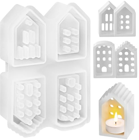Silikonformen Gießformen Weihnachten, 3D Silikonform Haus Gießformen Häuser Kerzenhalter, Teelichthalter Lichthaus Weihnachten Geschenk für Tischdeko Weihnachtsdeko Innen Deko (C)